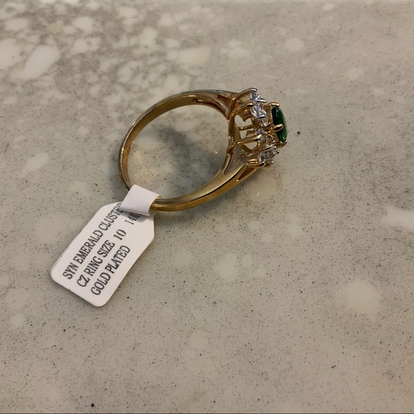SYN EMERALD CLUSTER CZ GOLD PL RING SZ 10 14KT - Picture 8 of 16